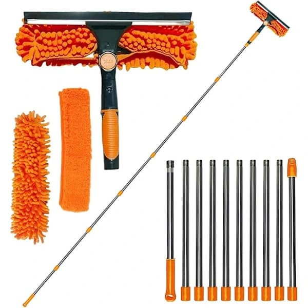 2-in-1 Window Squeegee With 4.5M Telescopic Handle, Microfiber Cleaning Head for High Windows, Car And Shower, Orange orange orange
