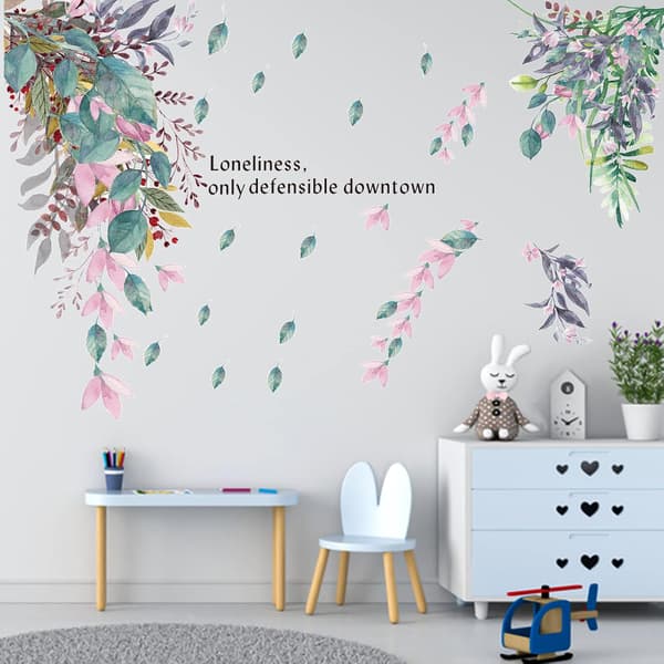 Green Plants and Leaves Wall Decal, Self-Adhesive Palm Leaf and Tree Wall Decoration, Waterproof DIY Wall Decor