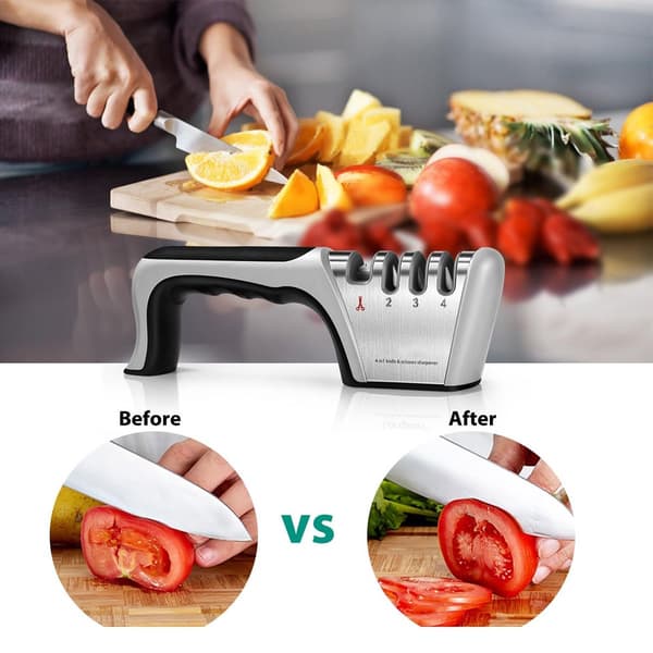 4-in-1 Knife Sharpener - Stainless Steel - Non-Slip Knife Sharpener - Pull-Through Sharpener - 4 Settings - With Non-Slip Base