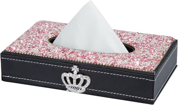 Dekorativ rektangulär servettboxöverdrag (rosa), läder med strass