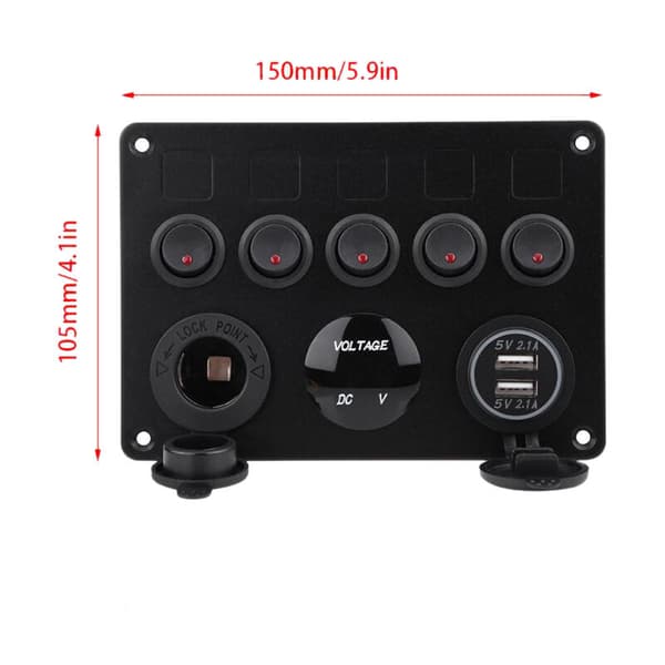 5 sett vippebryter kontrollpanel på-av dobbel digital voltmeter USB-uttak lading for bil marine Rv lastebil rød