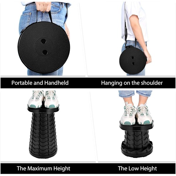 Bærbar foldeskammel, let, men robust med en lastekapacitet på 180 kg, foldbar plastikskammel til camping og fiskeri, sort Black Round
