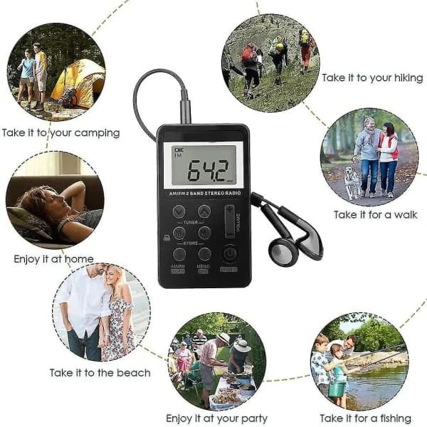 [PL】 Taskuradio FM & AM Radio USB-lataus, Musta