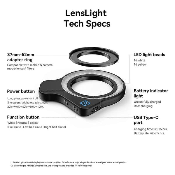 Macro Lens Fill Light Ring Light 3 Colors 5 Levels 2700k-6500k 32LED Lamp Beads 45 Lighting Effects