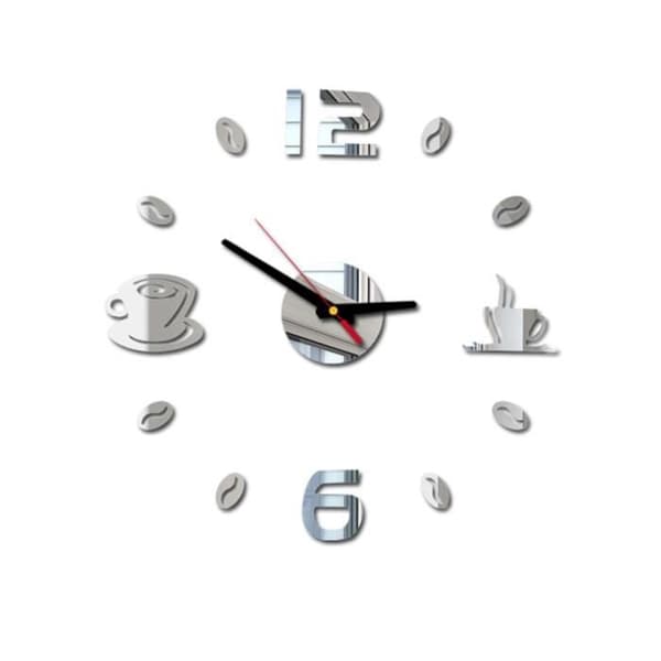 Sølv Kæmpe Ramløs Vægur til Café, Stor Størrelse, Moderne Design, Kaffebønnekop, De[DB]