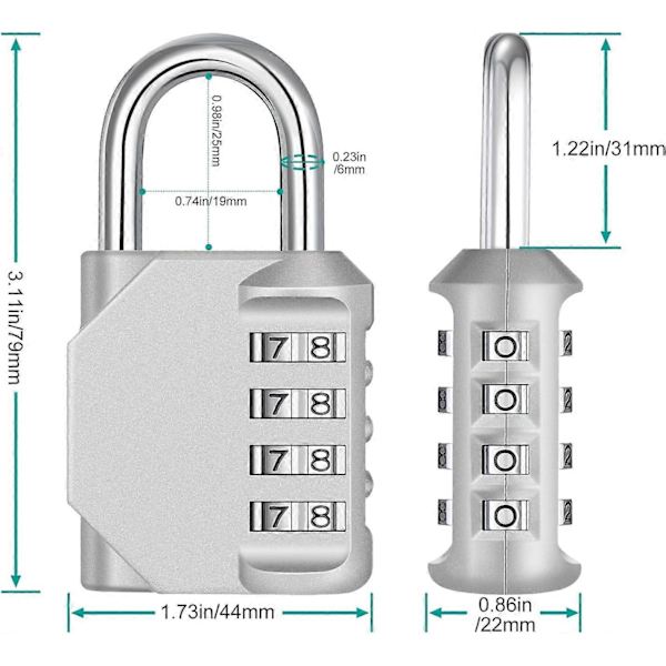 Combination Padlock, 4-Digit Coded Padlock, Gym Lock, School Locker Lock, Weatherproof Outdoor Combination Lock (Black) Silver Silver