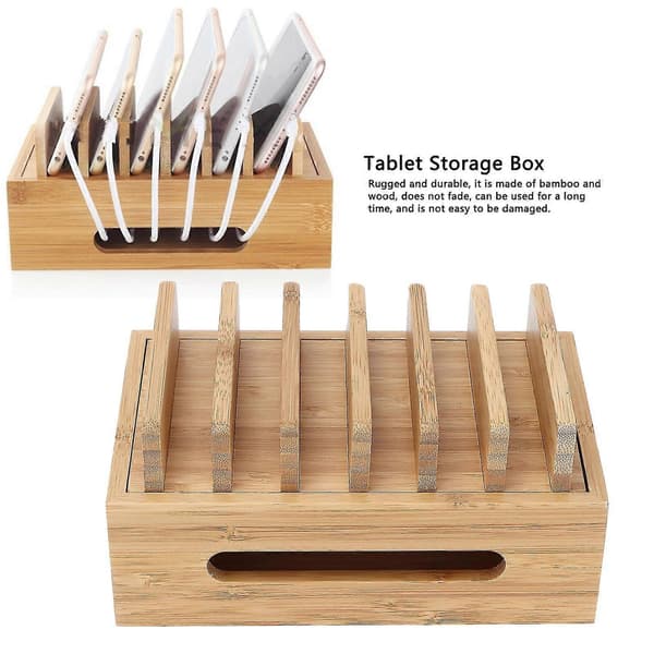 Bamboo Charging Station, Multi-Device Cell Phone Docking Station, Portable Tablet and Computer Storage Box for Home Office (FMY)