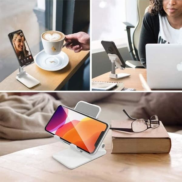 Foldbar smartphone- og tabletholder. Justerbart stativ med flere vinkler og udtrækkelig arm til iPhone 11, iPad, Huawei (Hvid)