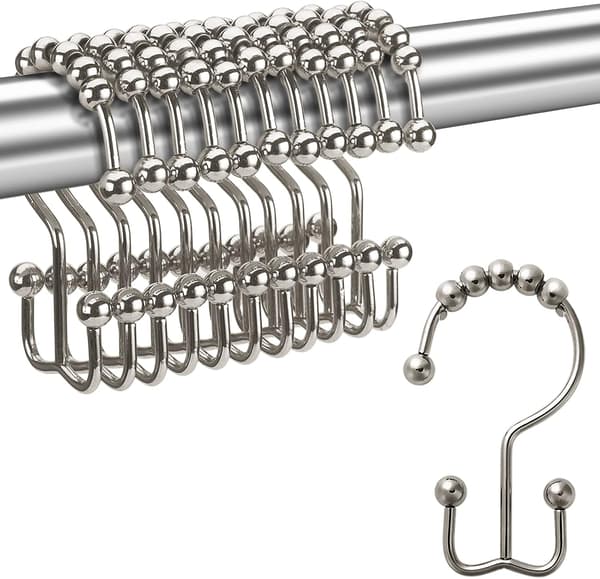 12 duschdraperikrokar, rostfria metall dubbel glid duschkrok för duschdraperi i badrum, nickel