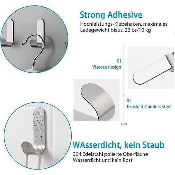 12 selvklæbende kroge, selvklæbende rustfrit stål T