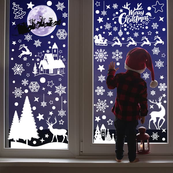 1 set Christmas window decals Christmas window decorations Christmas window decals with snowmen reindeer snowflakes pine trees (snowflake pendant)