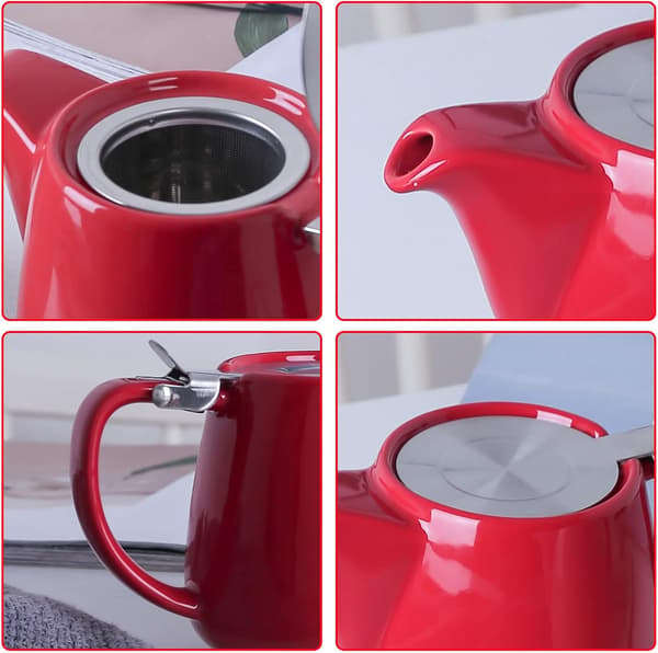 Keramisk tekande med låg og aftagelig infuser til løs te [JUN] Rød Red