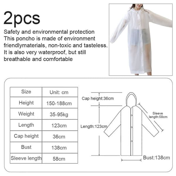Adult Reusable Ponchos 2-Pack with Hood and Drawstring White KLB