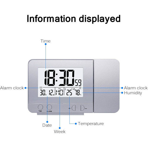 (Silver) LED Projector Clock, Digital Alarm Clock Projection, ZQKLA