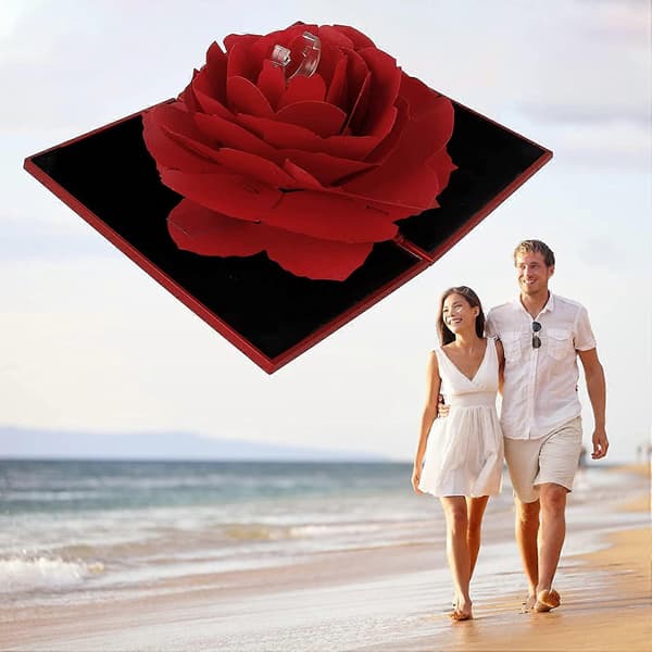 Ringask 3D Pop Up Rose Ringask 3D Pop Up Rose Ringholder Valentinsdag Ringask Ringask Bryllup for Forlovelse Bryllup Smykkeskrin (Rød)ring