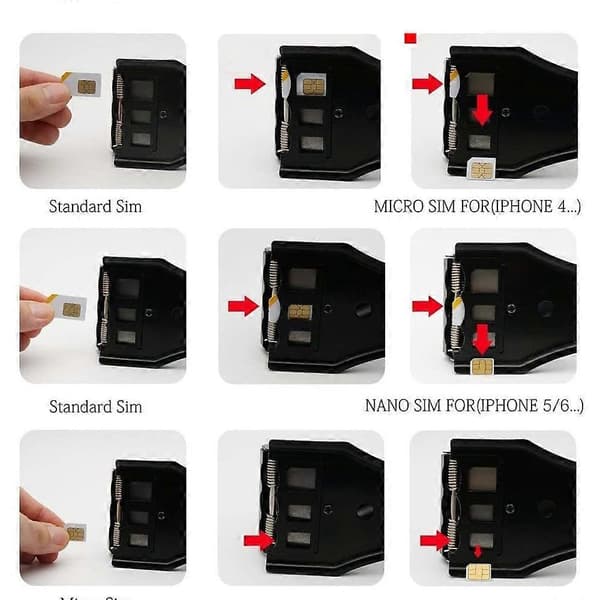 Universal 3-i-1 punch/standard SIM/micro SIM/nano SIM-kortklipper til alle SIM-kort fra smartphones/tablets inklusive SIM-adapter [DB]