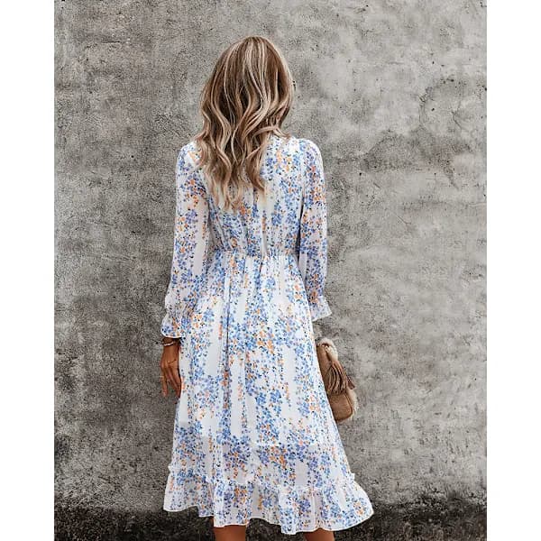 【xj】 Dam Casual Blommig Långärmad Flödande Swing Boho Klänning - M