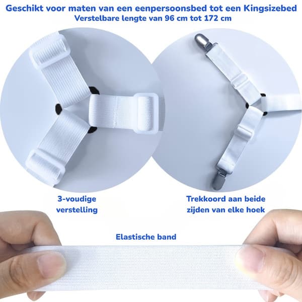 Adjustable Sheet Straps with Metal Clips, Elastic Sheet Fasteners for Fitted Sheets and Mattress Protectors, for Bed and Tablecloth, White 2-pack