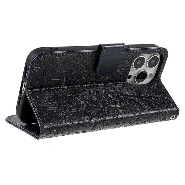Compatible with iPhone 15 Pro Case Lace Flowers PU Leather Flip Wallet Phone Cover -lingling} Multicolo Multicolor Dark Blue Multicolor Dark Blue