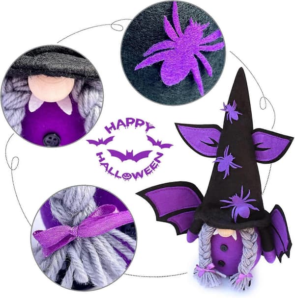 2025 2 pcs Halloween Gnome Fall Decorations, Handmade Faceless Plush Halloween Witch Gnomes with Spider Bat Ornaments