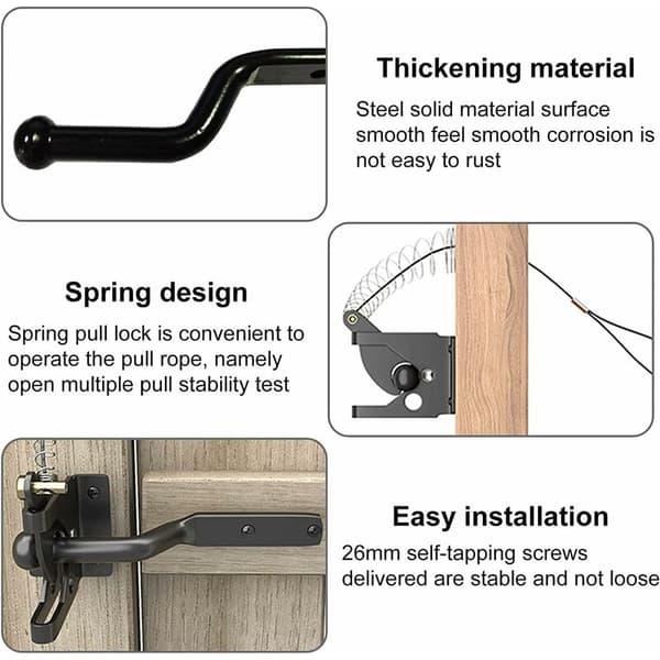 Automatic Gate Latch, Gravity Latch - Spring Gate Latch with Adjustable Cable for Garden Metal Fence, Black, 11.6 x 6 x 4.3 cm Long