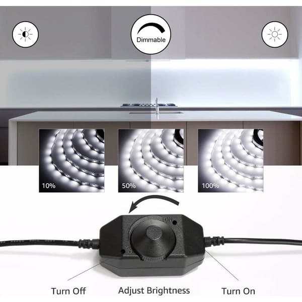 10M Dimbar LED-stripe, 6000K Kaldhvit, 600 LED SMD 2835, 12V Selvklebende med Dimmer, Kontakter Transformator