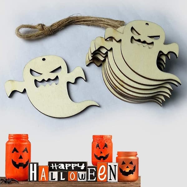 10 stk Halloween Træskiver - Håndværk med Snor (spøgelse)