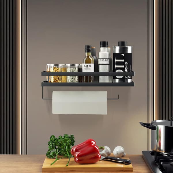 Wall-mounted spice rack without drilling, hanging spice rack with paper towel holder and 4 removable hooks, 35 cm Black