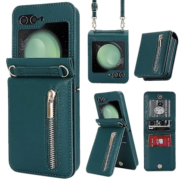 Z Flip 5 Wallet Case, Crossbody Lynlås Læder Etui til Samsung Galaxy Z Flip 5 med Kortpladser Green