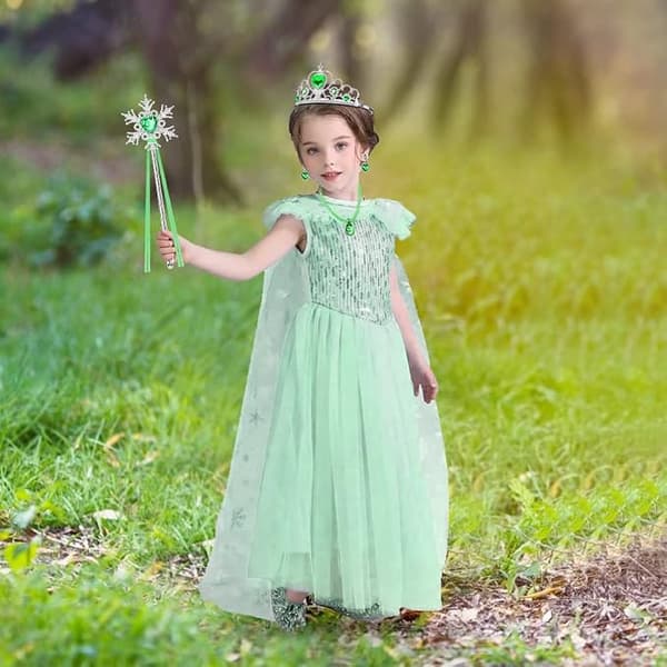 Prinsesseudklædningssæt med tiara, tryllestav, handsker, halskæde, ring, øreringe til piger, festkostume, grøn, alder 2-10