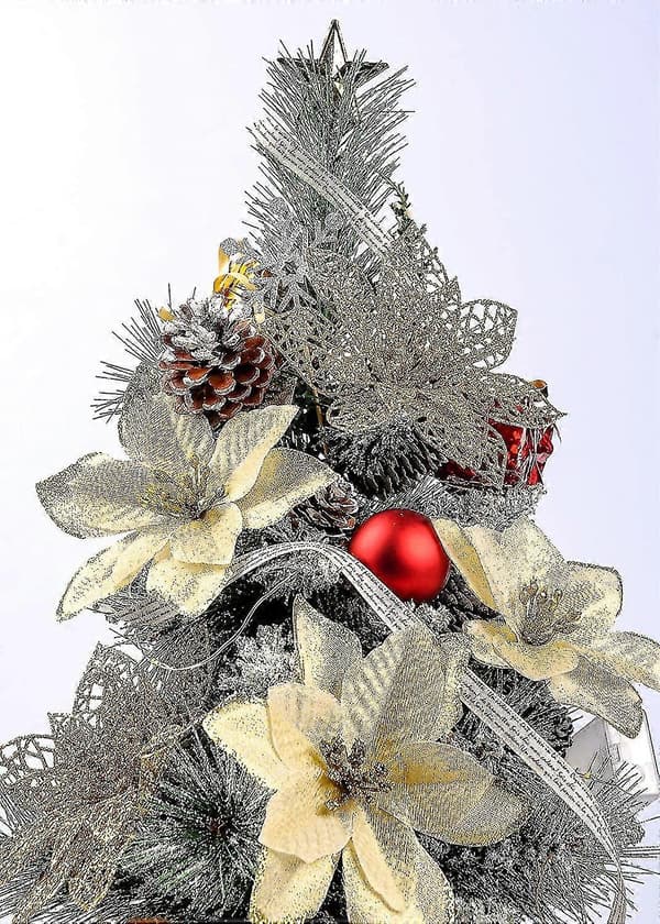 12 Stykker Kunstige Juleblomster Julestjerne Glitterpynt Glitrende Juleblomster Paljettblomster Jul