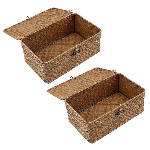 2 st Förvaringskorg med Lock Sjögräsvävd Korg Behållare Organizer Fodral