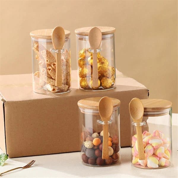 4-pack glasburkar för overnight oats med lufttäta lock och skedar för förvaring av te, kaffe, socker i köket, 500 ml