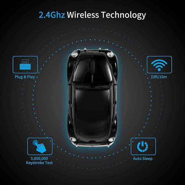[Updated] Classic Car Shaped Mouse with LED Headlights, 1600 DPI, 2.4 GHz Wireless Computer Mouse, Comfortable for All Use, Black