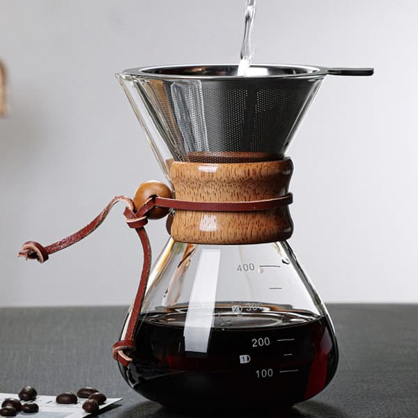 Pour Over Kaffebrygger 400ml Dobbeltlagsfilter V-tud Træhylster Kaffebrygger til Hjem Café Fest