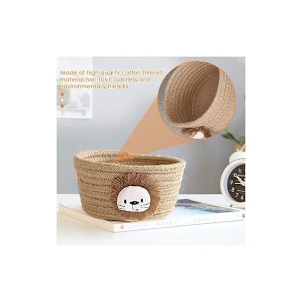 Cotton Storage Basket, Woven, Foldable, Lion Motif for Desk, Cosmetics, Snacks, Remote Control, Yellow 16 x 9 cm