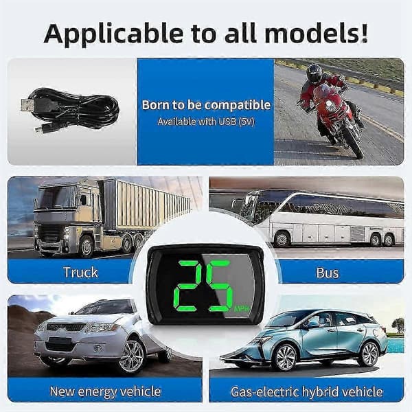 Bil-HUD GPS-hastighedsmåler, til biler med hastighed, USB Plug and Play, Velegnet til alle biler