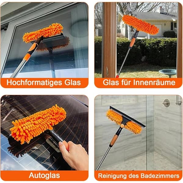 2-in-1 Window Squeegee With 4.5M Telescopic Handle, Microfiber Cleaning Head for High Windows, Car And Shower, Orange orange orange