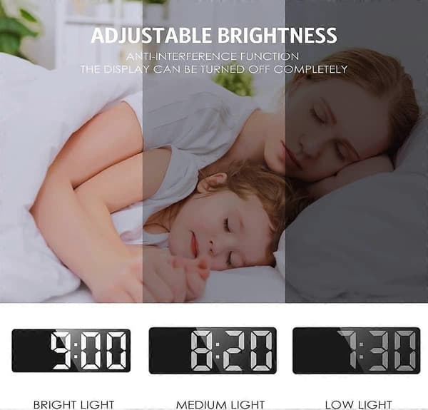 Large LED Display, USB/Battery Powered Alarm Clock with Temperature, Snooze, Date, 3 Adjustable Brightness Levels, Voice Control, for Bedroom