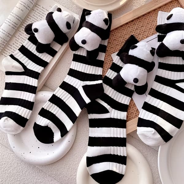Søde 3D Panda Dukke Sokker - Japansk Anime Panda Stribet, Kun Håndvask Sort Black