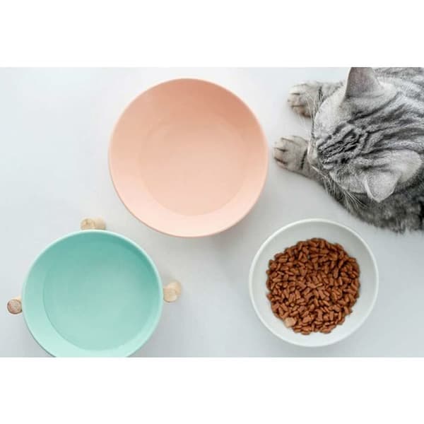 White Elevated Bowl Holder Tilted Bowl for Dogs and Cats Ceramic with Bamboo Wood Stand Small