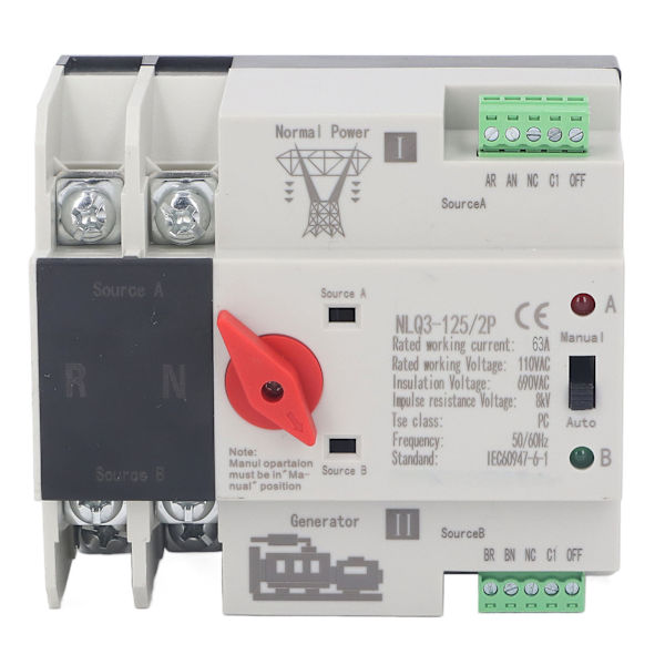 2P Dual Power Automatic Transfer Switch Generator Transfer Switch AC110V 50Hz 60Hz 63A