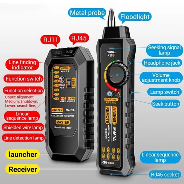 ANENG M469A Network Cable Detector RJ45 RJ11 LAN Cable Tester Anti-interference Network Repair Instrument, Black