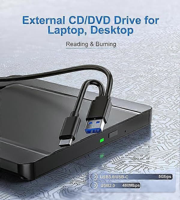 Ekstern CD DVD-drev, Ultra-slank CD DVD-brænder Eksternt drev med USB 3.0 og USB-C, Bærbart CD/DVD/-RW/ROM-drev til PC/Laptop/Windows 11/10/8/7/X