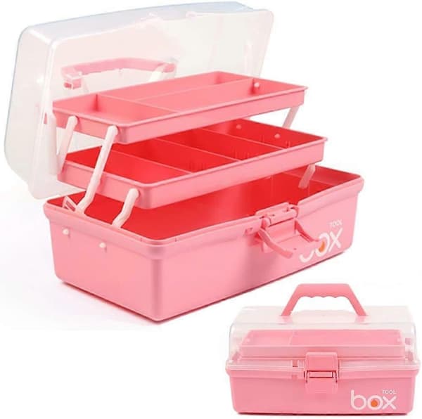 2025 New Three-Layer Multifunctional Storage Box Organizer Foldable Toolbox/Art & Craft Box/Sewing Supplies Box with 2 Compartments (Pink)