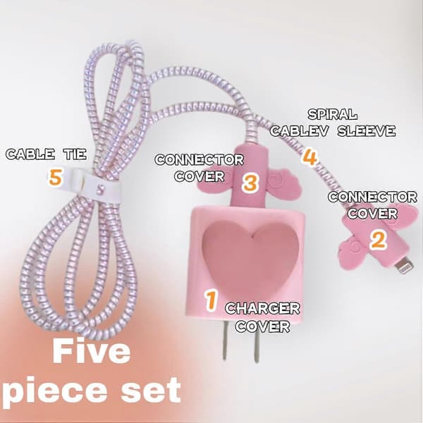 Cable Protector for iPhone Charger, Silicone Charger Protector Set - Cute Cable Protector Silicone Charger Case for 18W/20W iPhone Charger, Pink Heart Bla