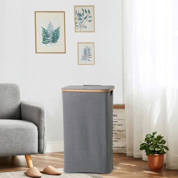 Laundry basket with lid, 1-pack 100L laundry hamper, laundry basket with removable bag, grey laundry baskets with bamboo handles