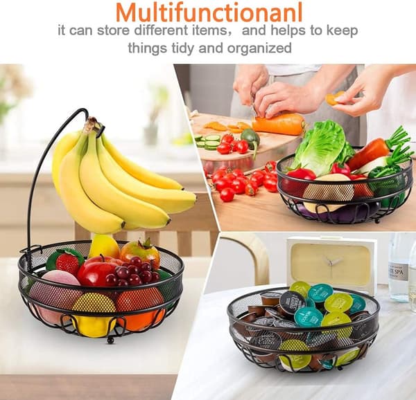 Metal Fruit Basket with Banana Hook, Storage for Vegetables, Bread, and Snacks