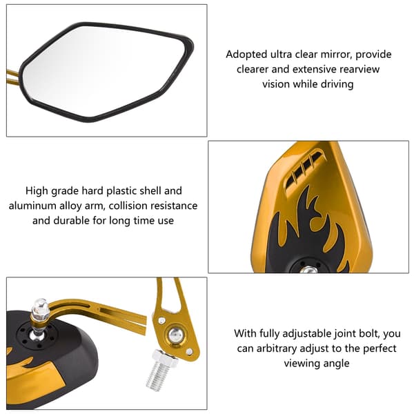 1 Pair 8mm 10mm Universal Motorcycle Scooter Aluminum Flame Pattern Rearview Mirrors Yellow