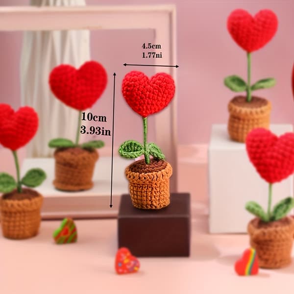 Hjerteformet kunstig rose i vevd potte, rød polyesterblomstdekor for Valentinsdag, Morsdag, hjem